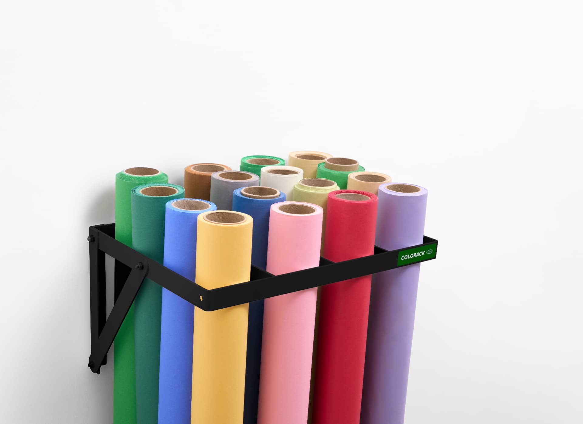 Rack mural de fonds Colorama en plusieurs couleurs : verts, bleus, jaune, rose, rouge, gris et lilas